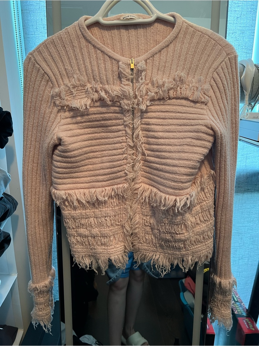 Club Monaco Blush Pink Fringed Rib-Knit Zip Cardigan